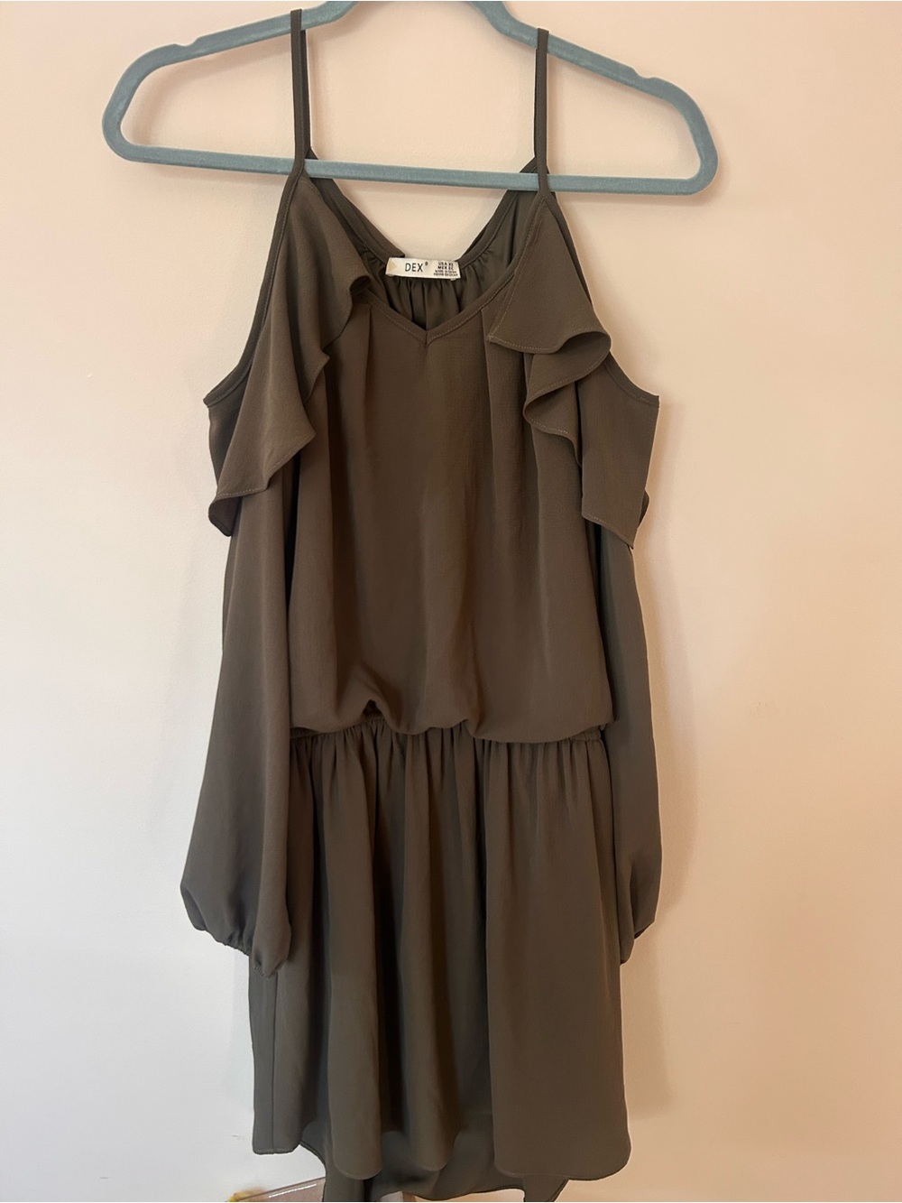 DEX Olive Cold-Shoulder Ruffle Mini Dress